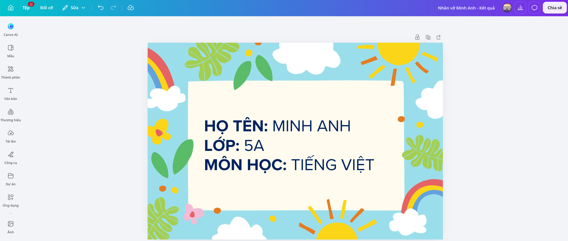 Nhãn vở với họ tên, lớp và môn học trên nền hoa lá trong Canva.
