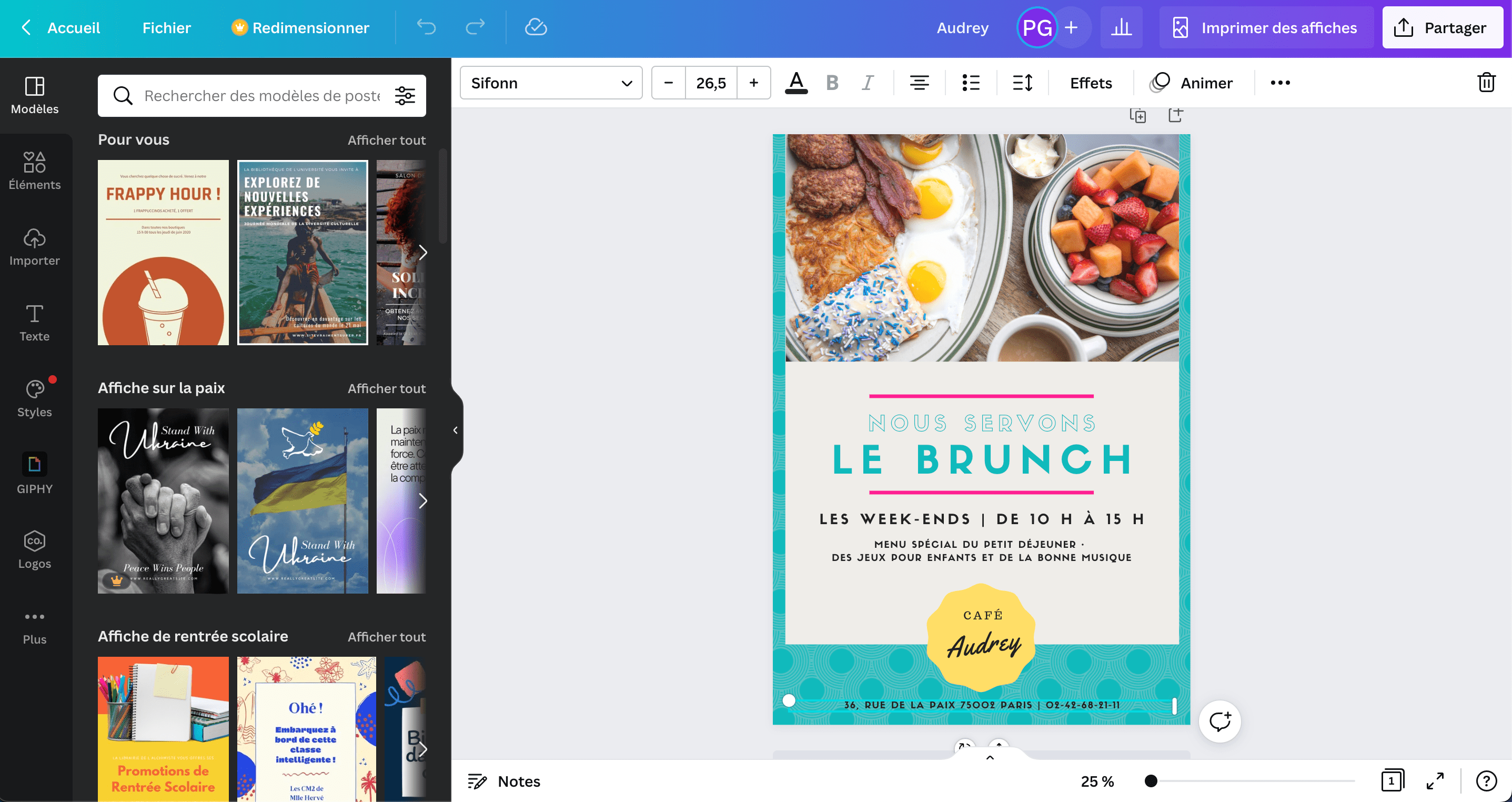 Création d'affiche publicitaire en cours dans Canva