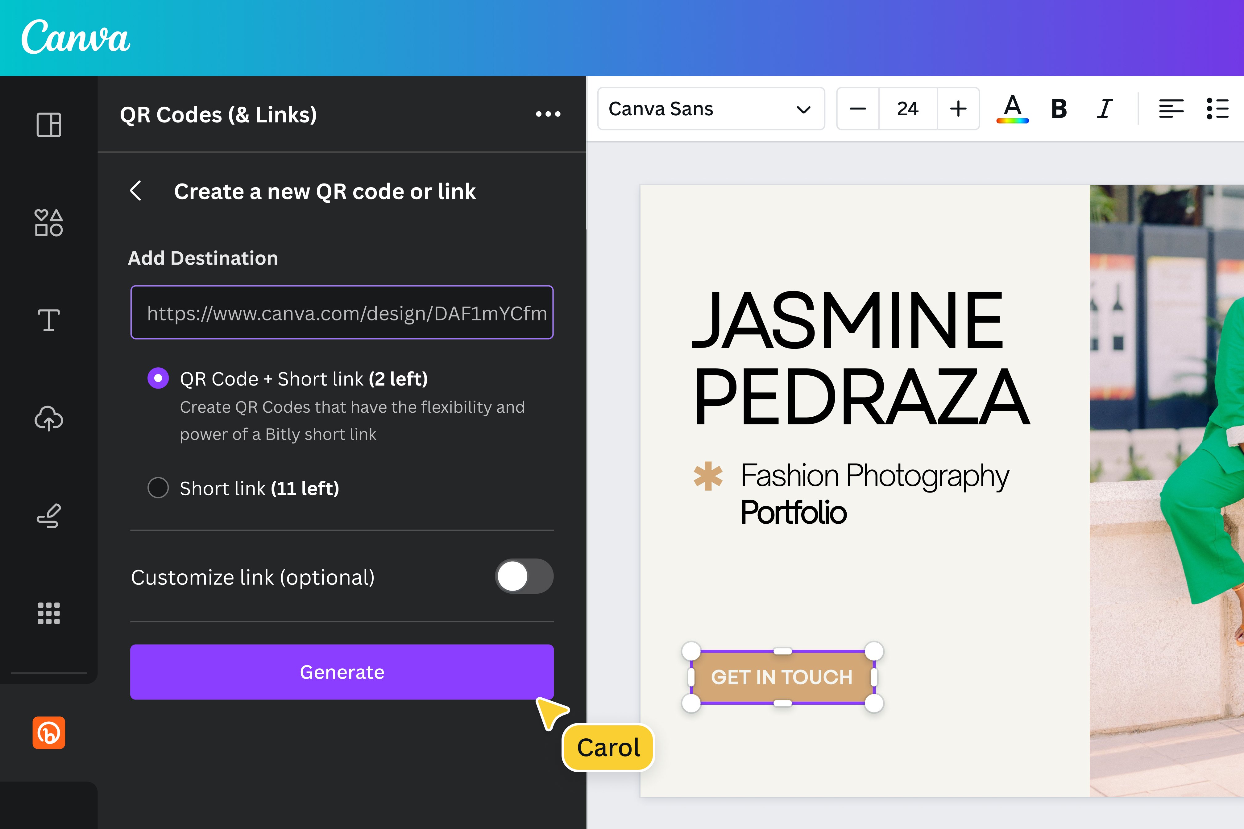 Perpendek link gratis di Canva