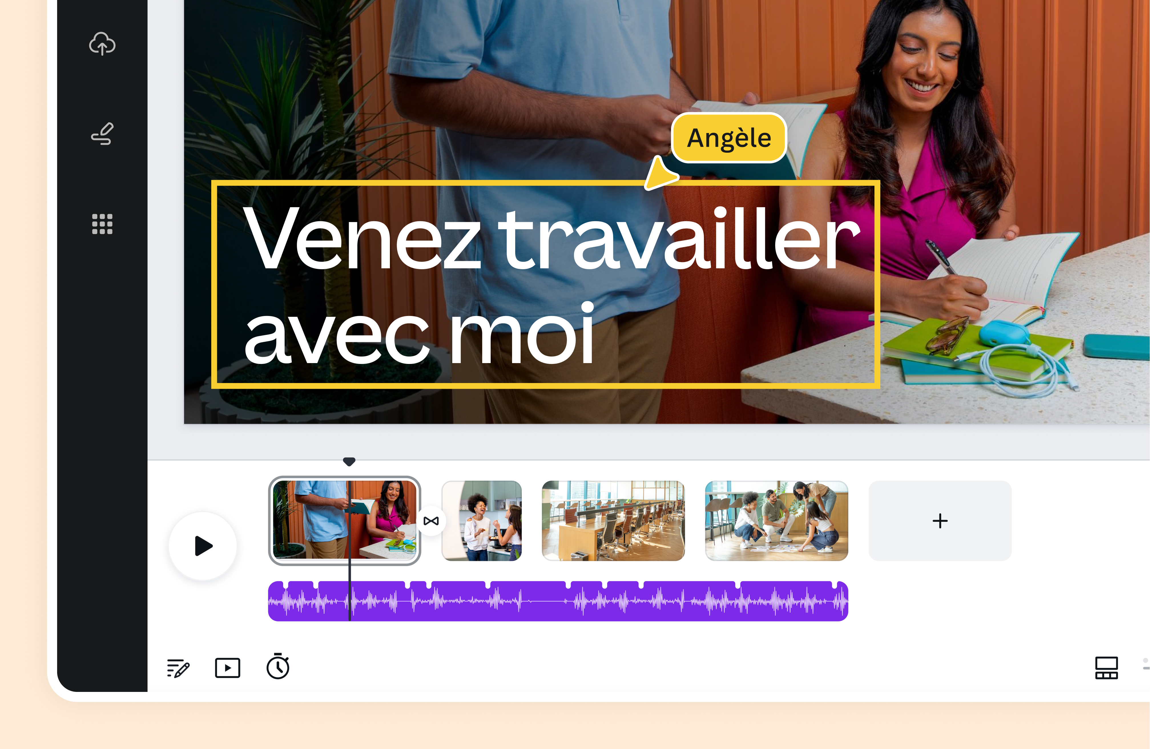 Vidéo de recrutement ouverte dans Canva sur laquelle on ajoute du texte et une piste audio claire grâce à l'IA