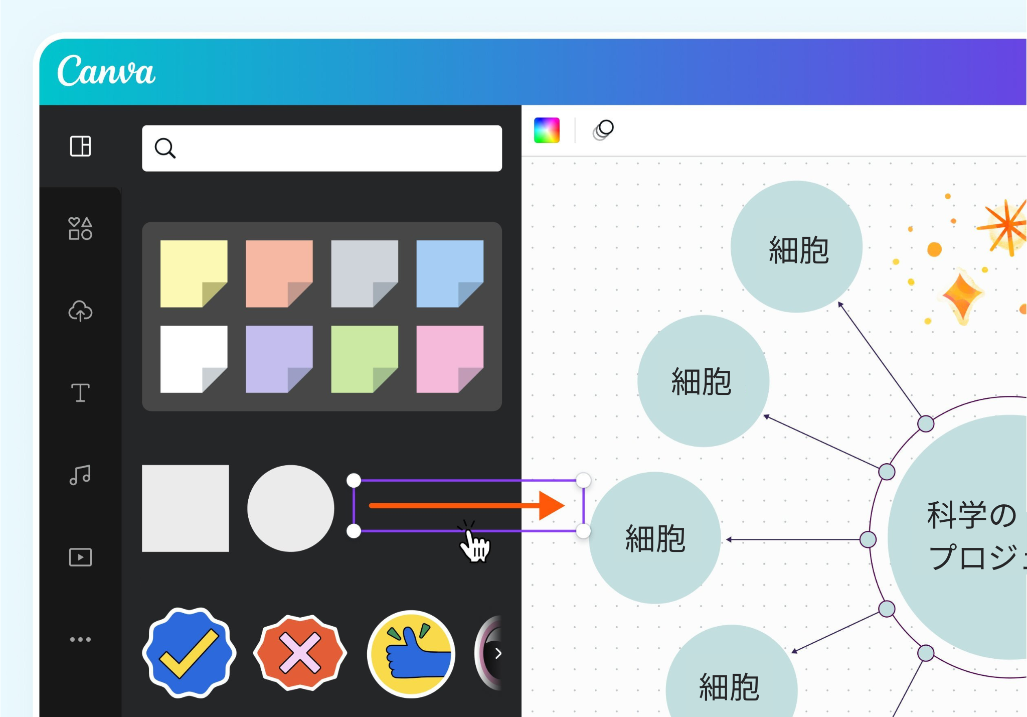 思考整理やブレインストーミングに役立つ付箋や図形が充実 思考整理やブレインストーミングに役立つ付箋や図形が充実