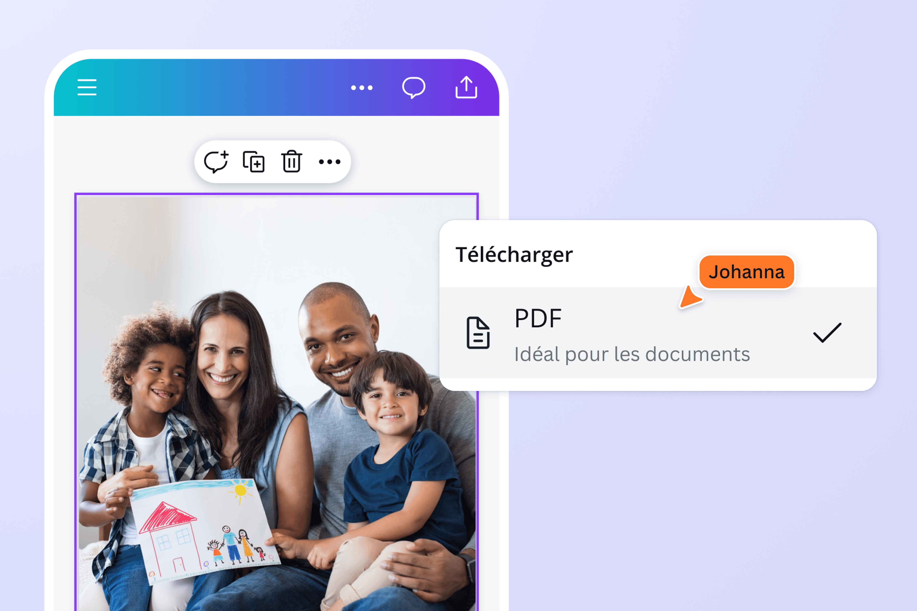 Smartphone avec une photo de famille à convertir de JPG en PDF sur Canva