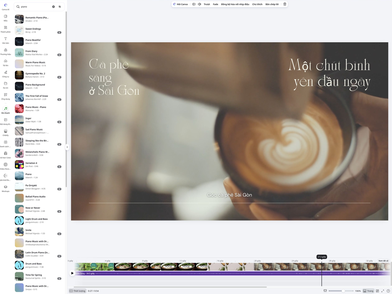 Apply audio effects to your GIF Thiết kế ảnh cà phê Sài Gòn trên Canva cùng thư viện âm thanh để chọn nhạc