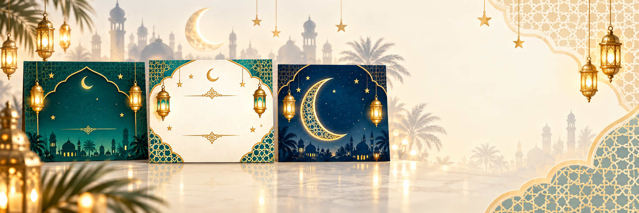 تصميم بطاقات رمضان بتكوين بصري من اليسار إلى اليمين ثلاث بطاقات تهنئة رمضانية بهلال وفوانيس وألوان كحلية وذهبية