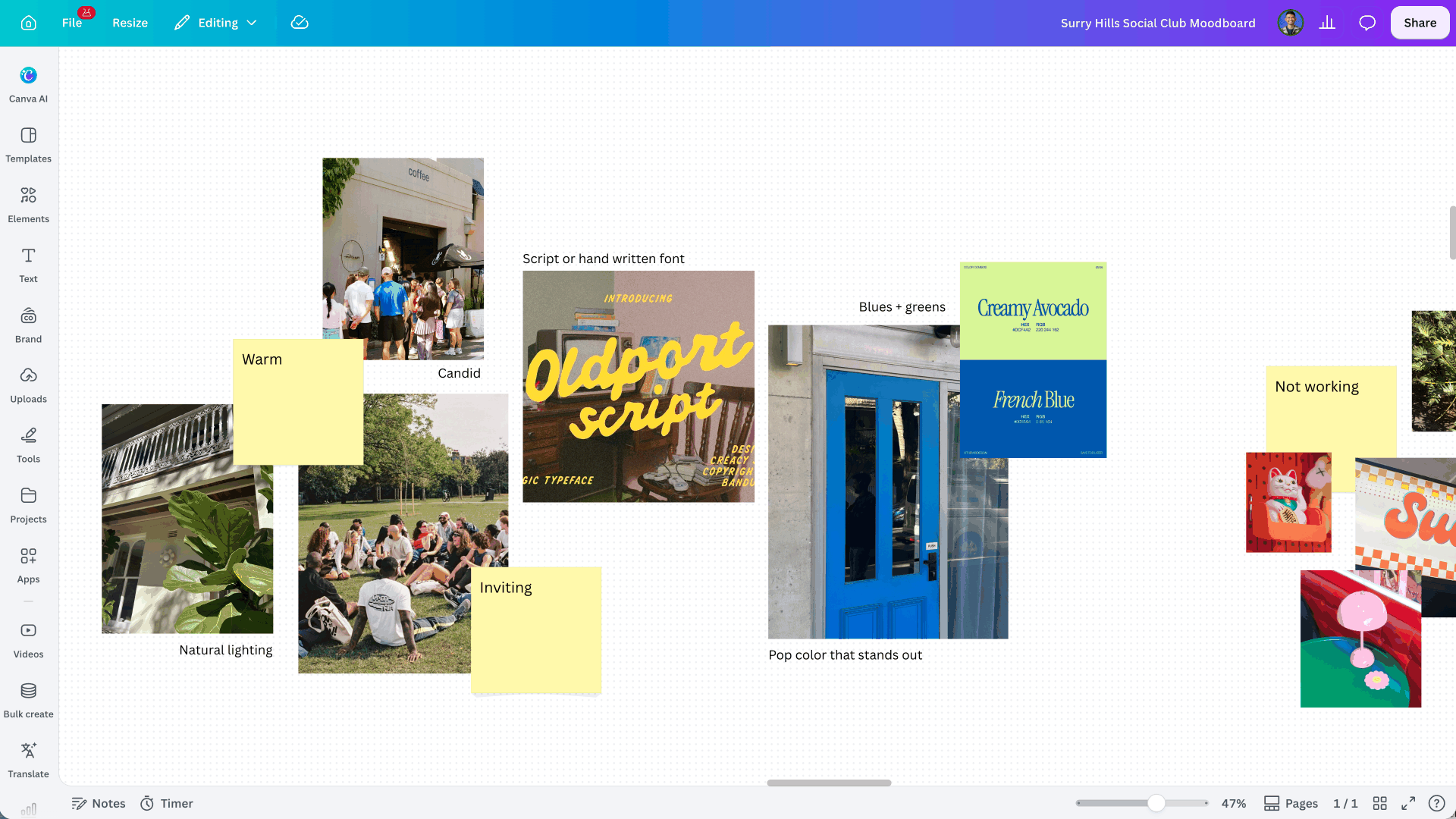 Image of moodboard being separated into compartments