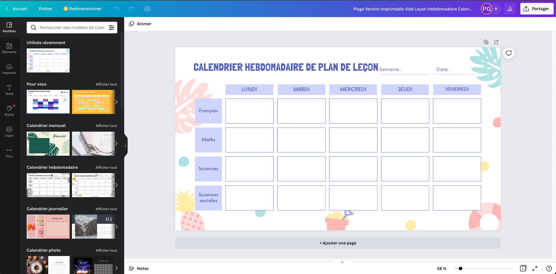 Planning hebdomadaire à remplir en cours de création sur Canva