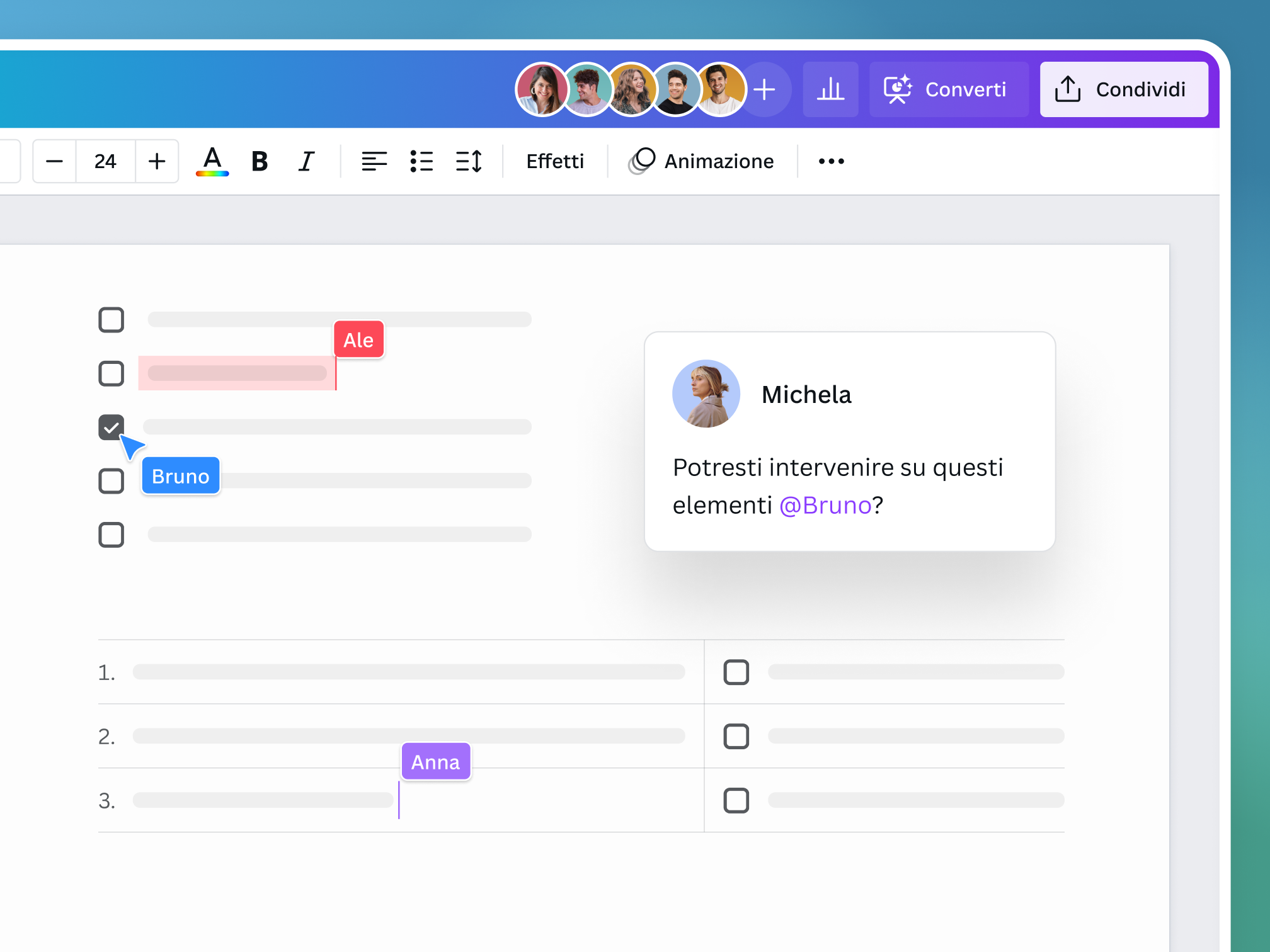 Anteprima funzioni di condivisione in tempo reale Canva Docs