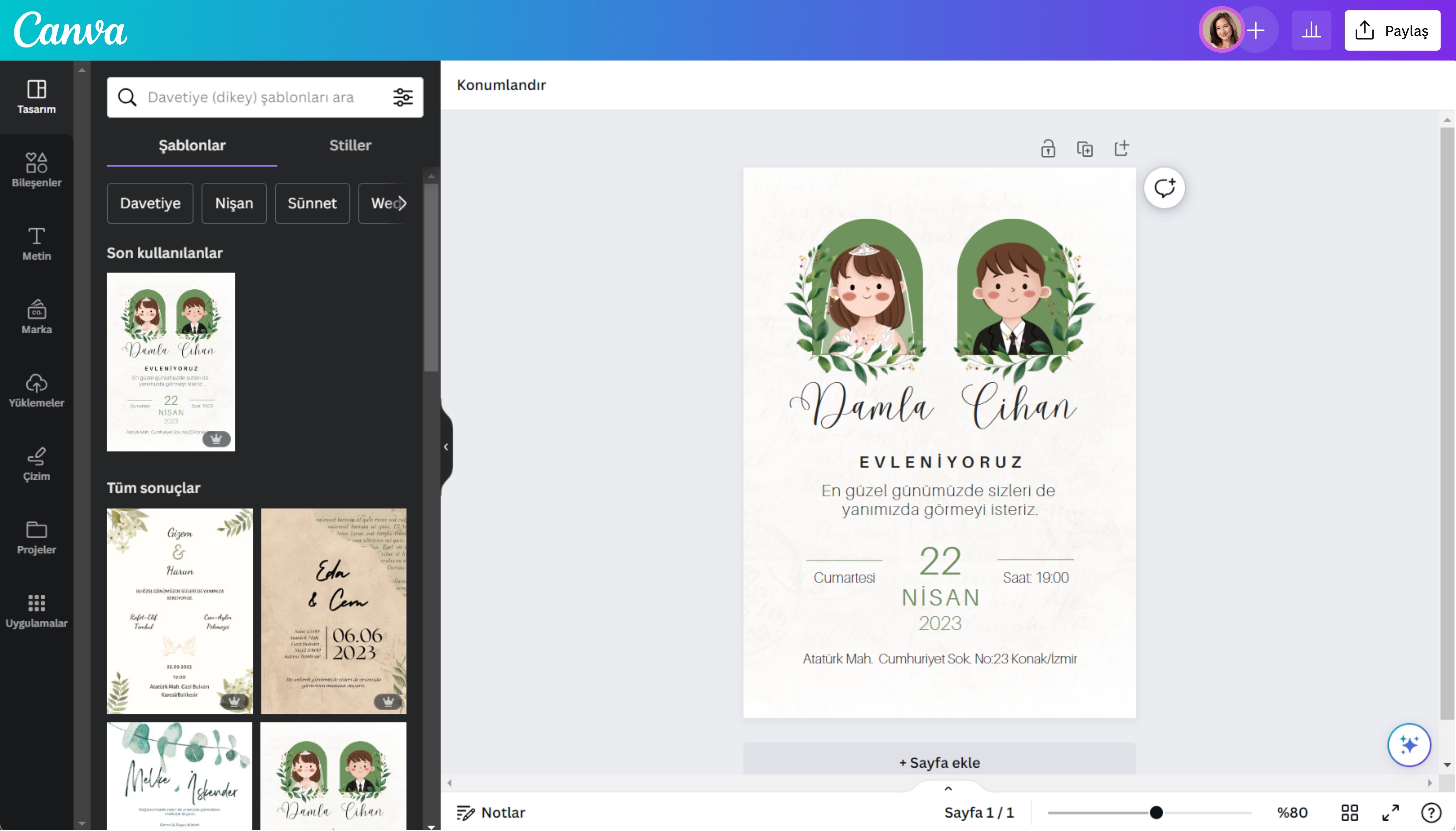 düğün davetiyesi tasarla - Canva