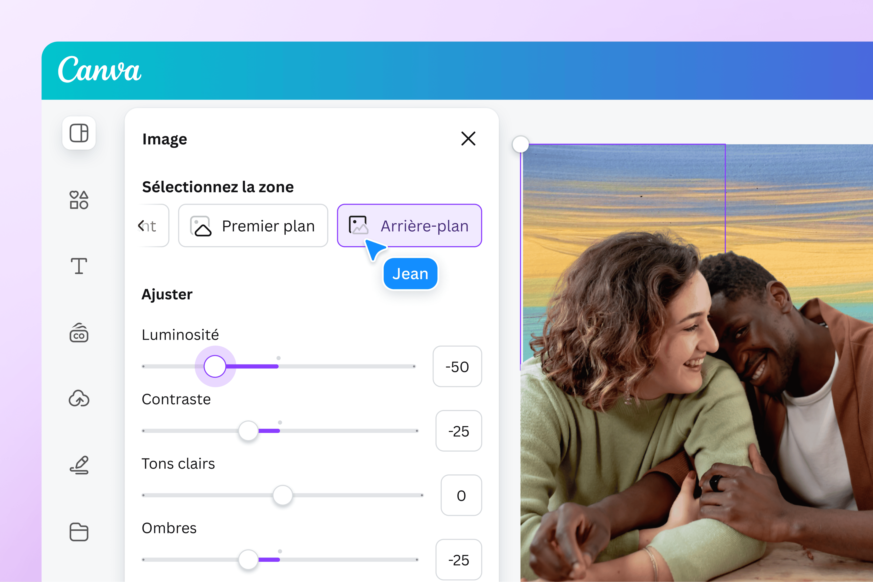 Réglages de photo ouverts sur Canva