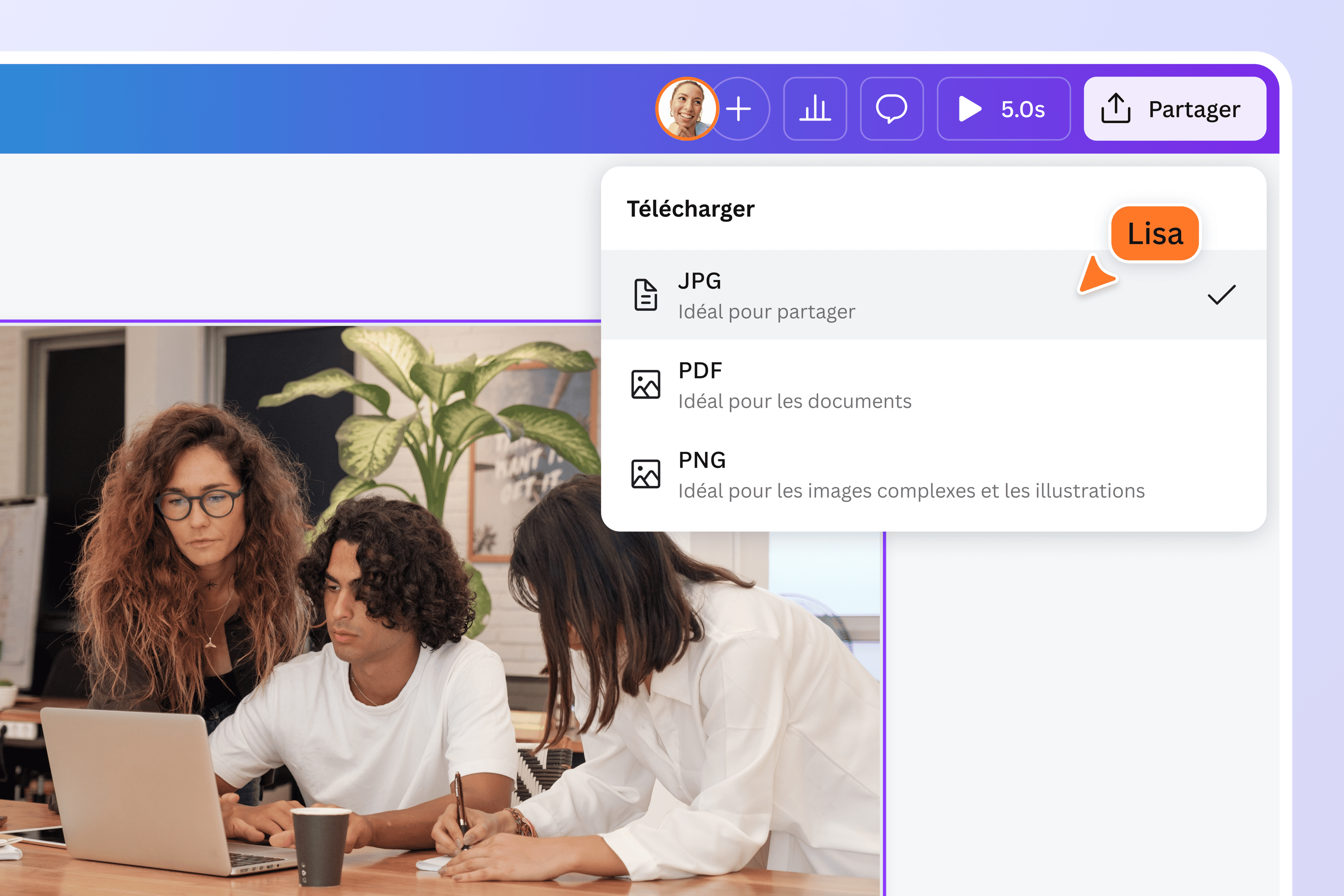 Options de telechargement ouvert sur Canva
