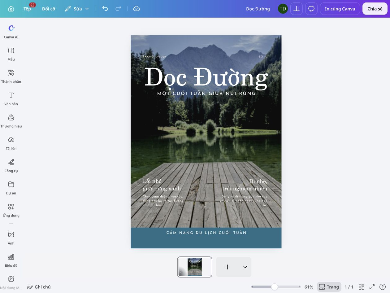 How to make a magazine cover - Canva Bìa tạp chí du lịch Dọc Đường với ảnh núi rừng, tên ấn phẩm và các tiêu đề tiếng Việt trong trình chỉnh sửa Canva.