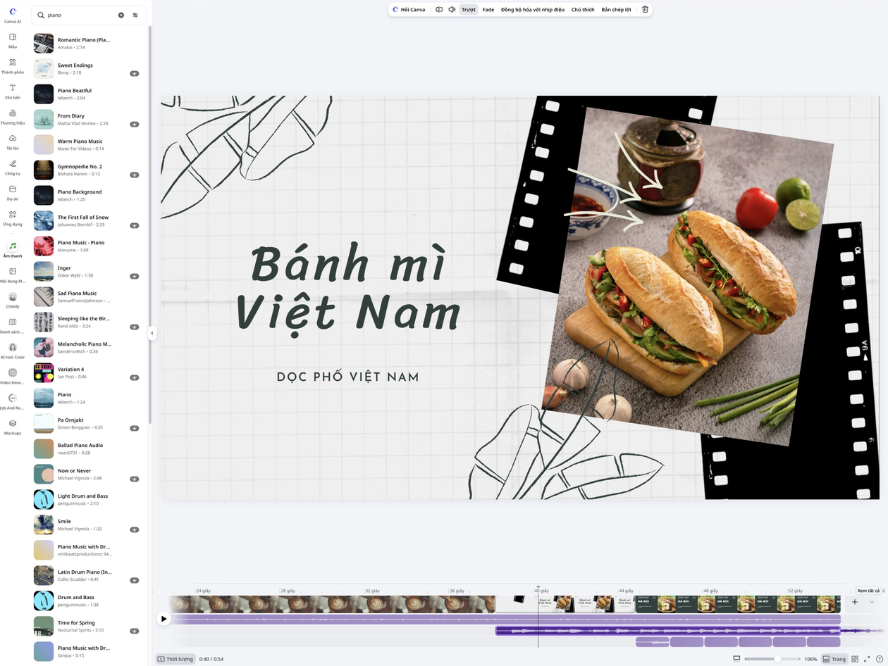 Add text with effects to your GIF Thiết kế bánh mì Việt Nam trên Canva với các đoạn nhạc được căn trên dòng thời gian