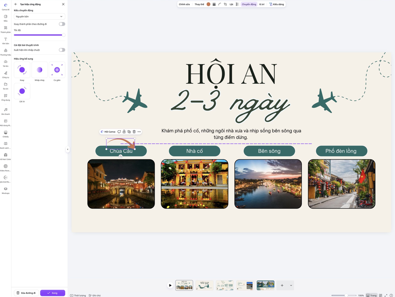Easily create motion path animations Vẽ đường chuyển động cho biểu tượng qua các chặng trong thiết kế du lịch Hội An