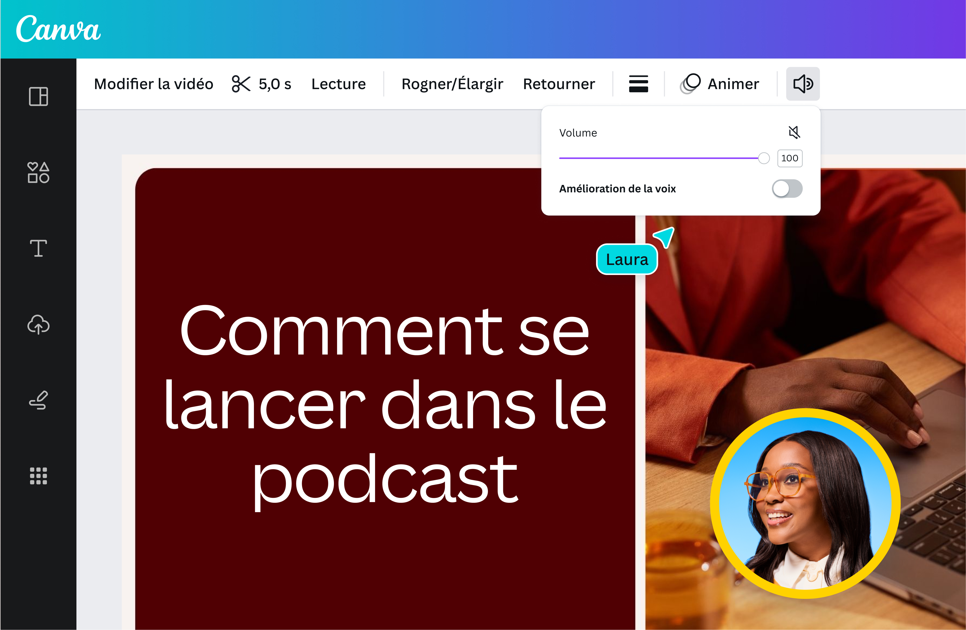 Editeur vidéo Canva ouvert sur une présentation vidéo intitulée "How to start podcasting" où une utilisatrice de Canva est en train d'améliorer le son de la vidéo grâce à l'outil IA audio Amélioration de la voix