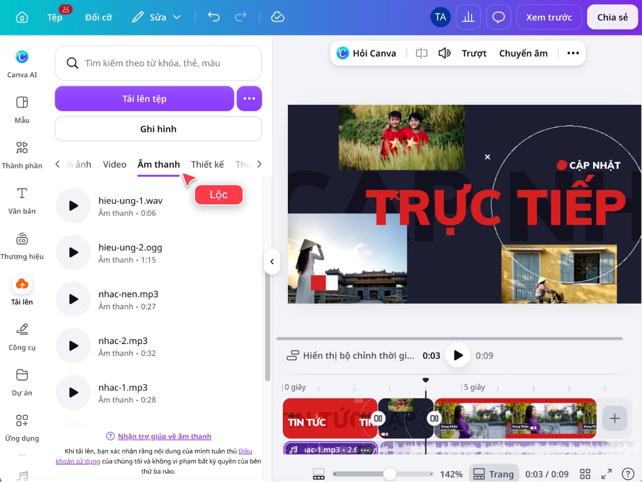 Gom nhiều nguồn âm thanh vào một dự án trên Canva