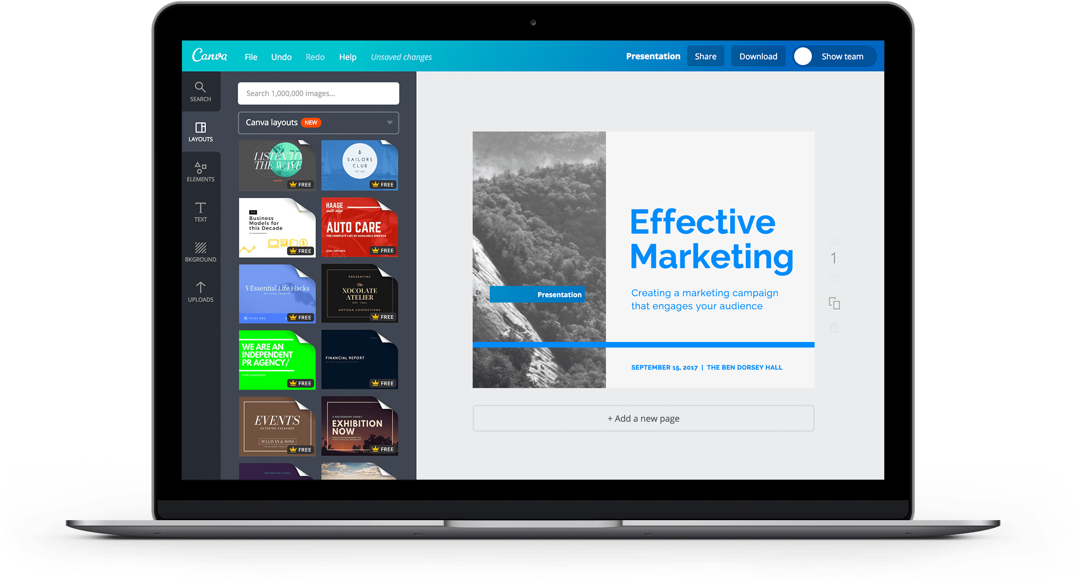 Présentation façon PowerPoint sur Canva sur un ordinateur portable avec plusieurs modèles de PPT disponibles