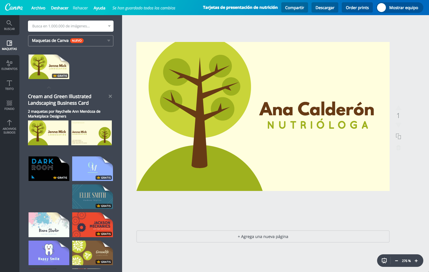 Tarjetas de presentación de nutrición