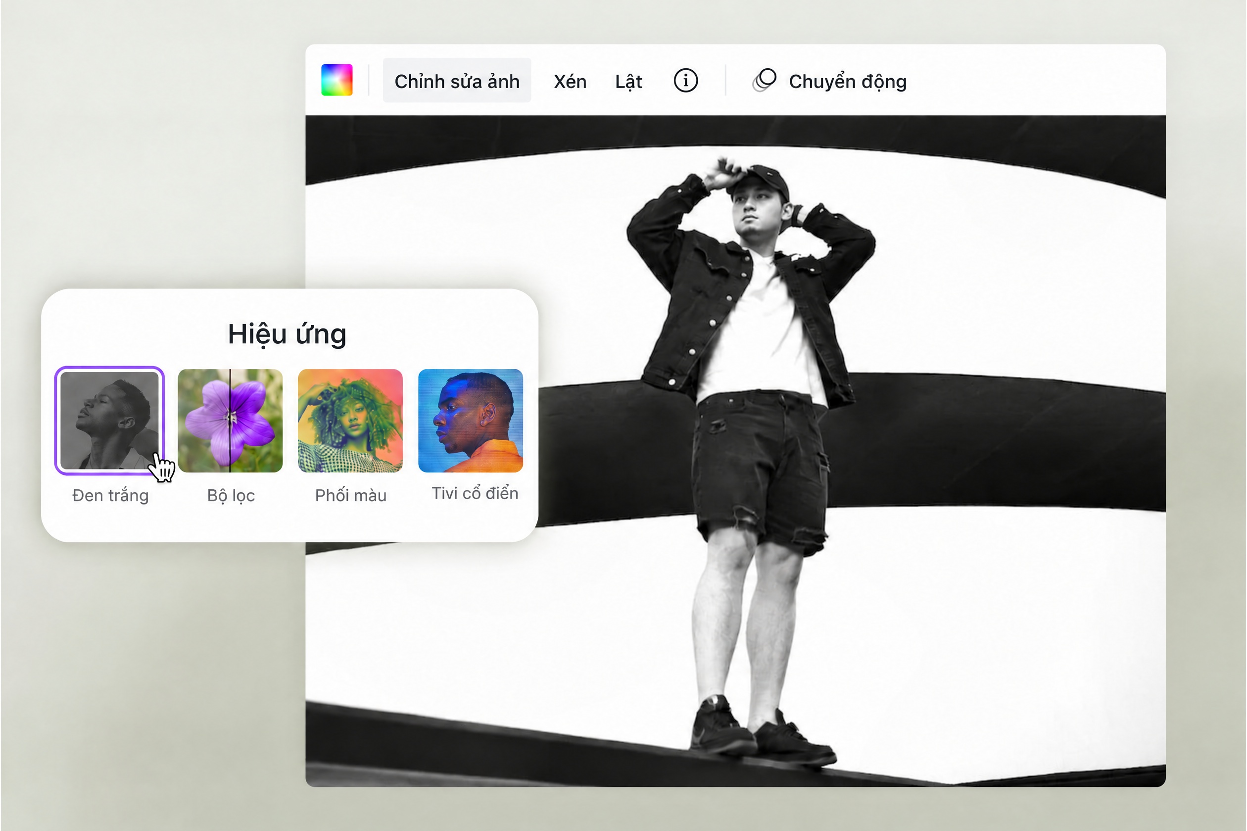 Bảng Hiệu ứng với các bộ lọc Noir, ColorMix và Bad TV cho ảnh chân dung đen trắng trên Canva