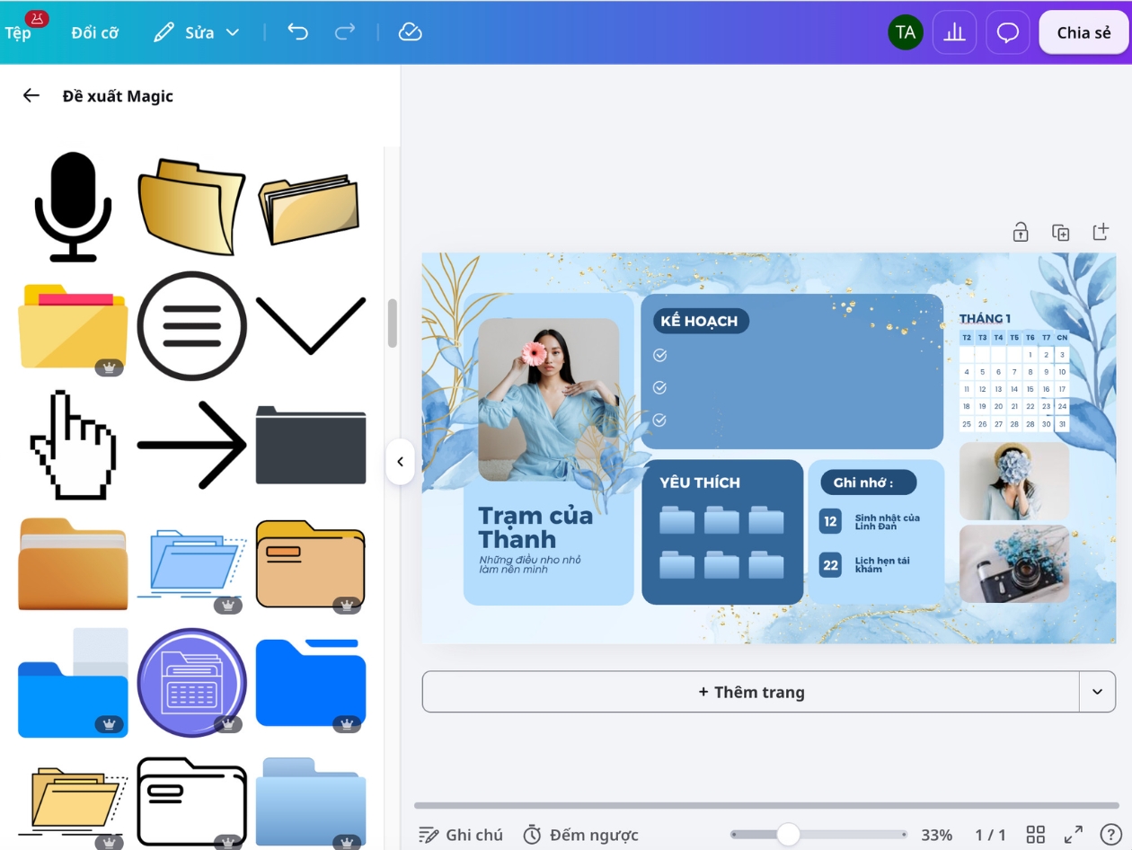 Chọn thành phần phù hợp với gói Canva Thư viện Canva hiển thị các thành phần miễn phí và Canva Pro cho hình nền