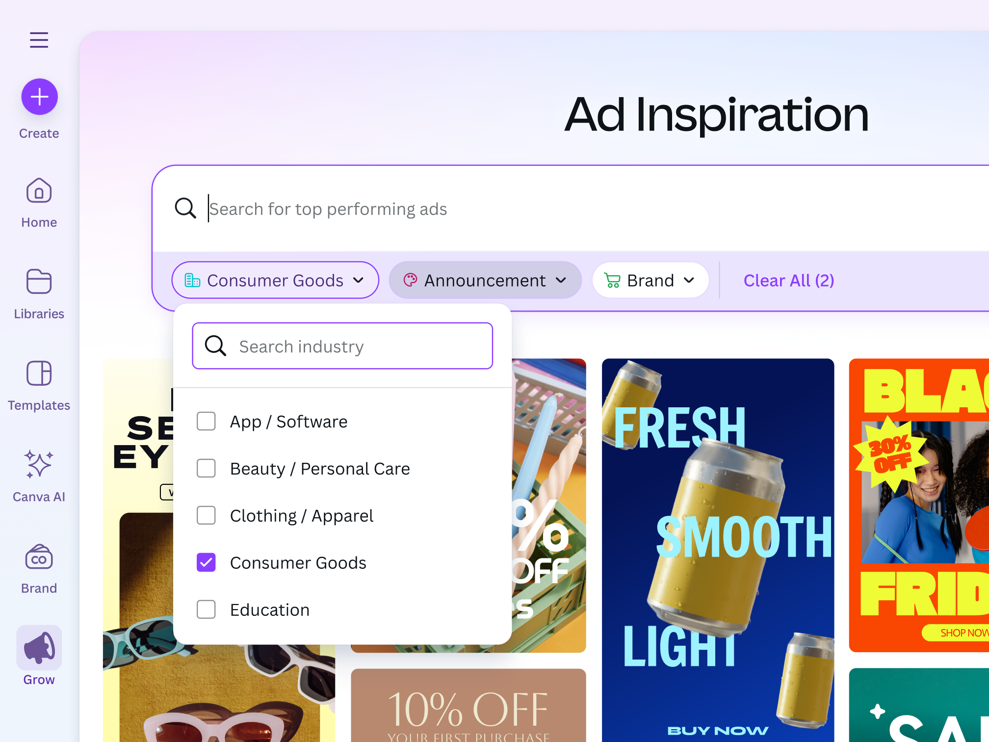 Canva Grow's Inspire ad library
