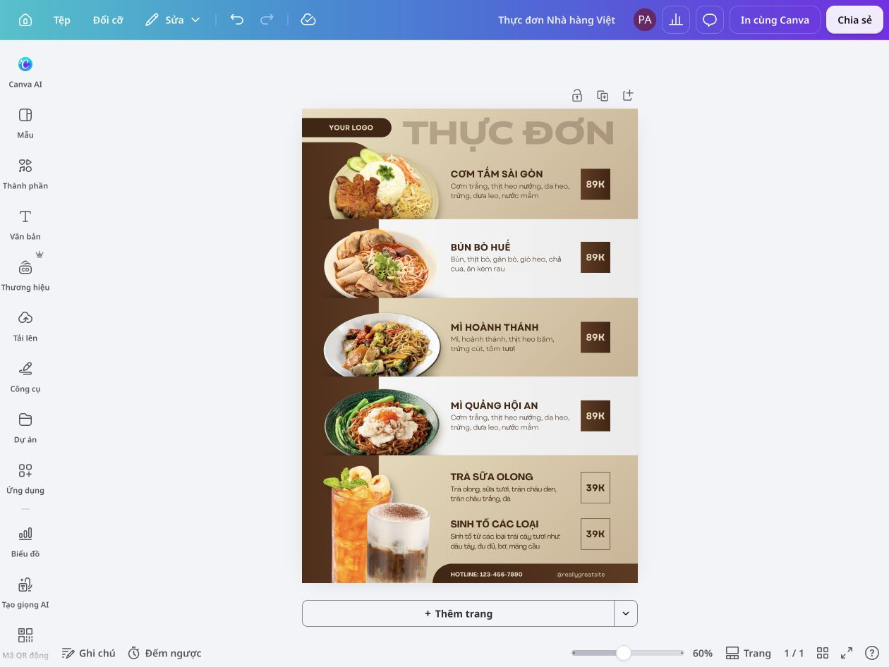 Thiết kế menu nhà hàng trong trình chỉnh sửa Canva và xem bản menu hoàn chỉnh