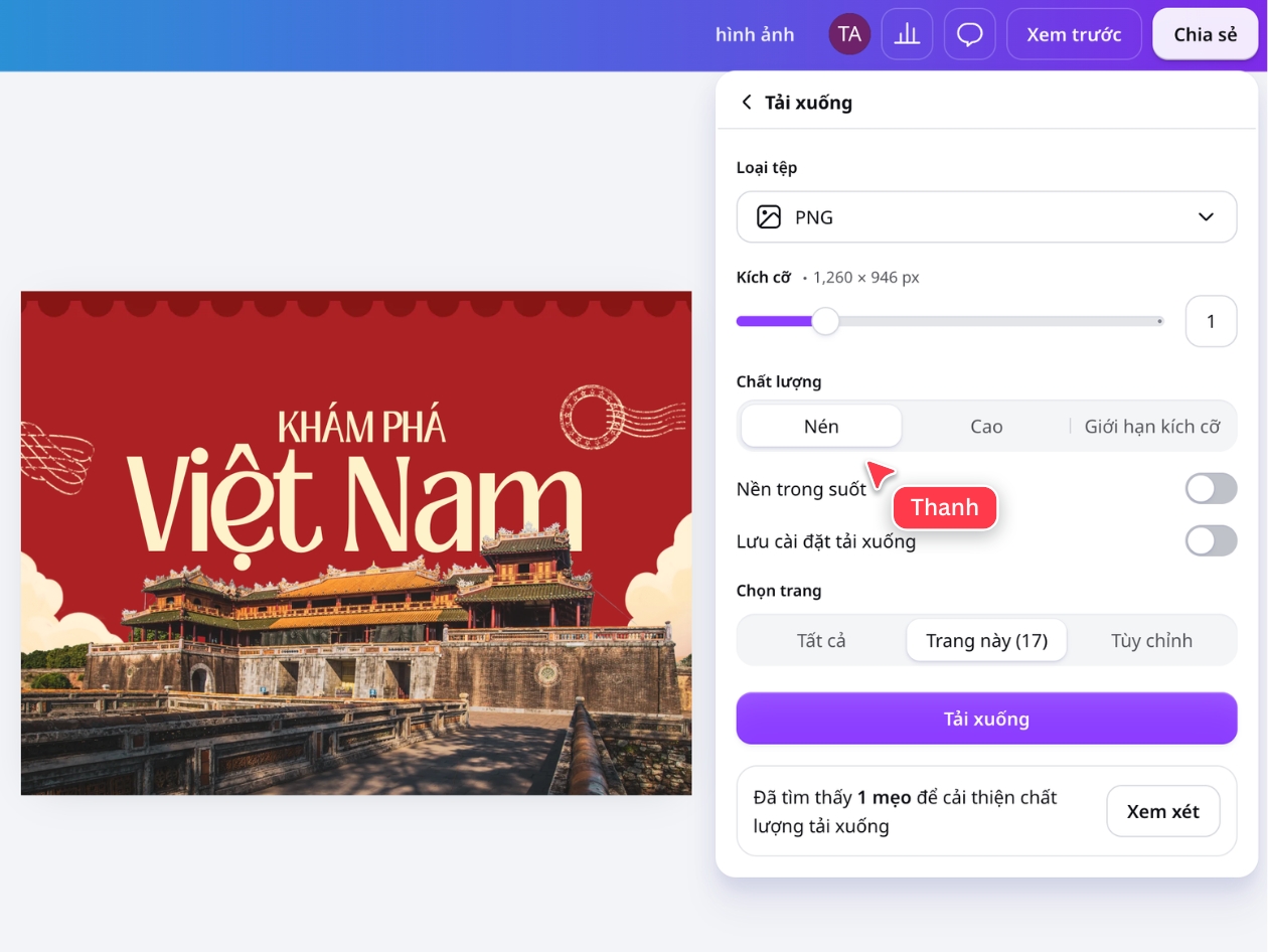Nén file ảnh khi tải xuống Tùy chọn nén file ảnh khi tải xuống trong Canva Pro