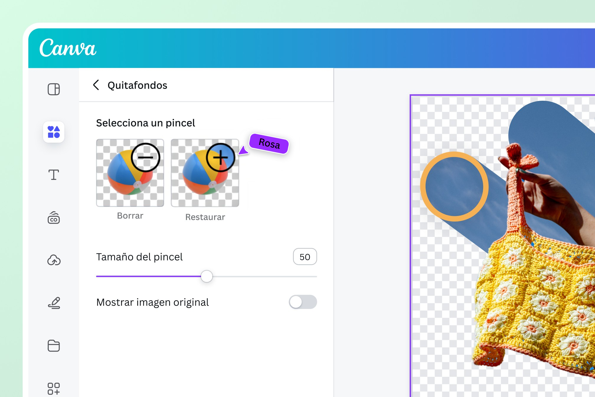Borra y restablece el fondo removido de una imagen Borra y restablece el fondo removido de una imagen