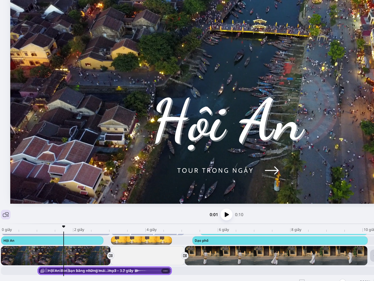 Bản địa hóa video nhanh gọn Căn lời thuyết minh theo cảnh quay Hội An trên dòng thời gian