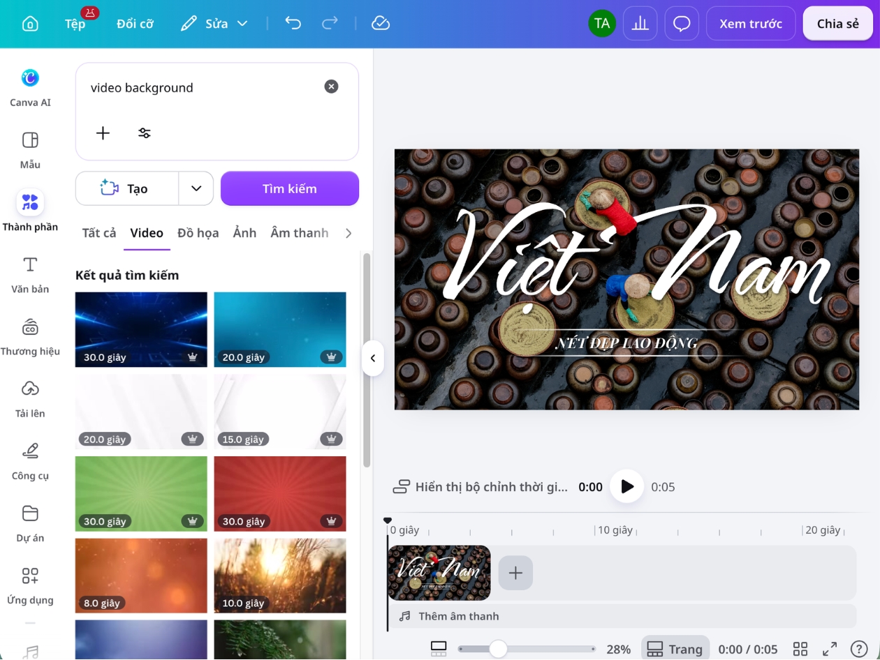 Thư viện mẫu video background của Canva Tìm kiếm mẫu video background trong thư viện Canva bằng ô tìm kiếm và bộ lọc