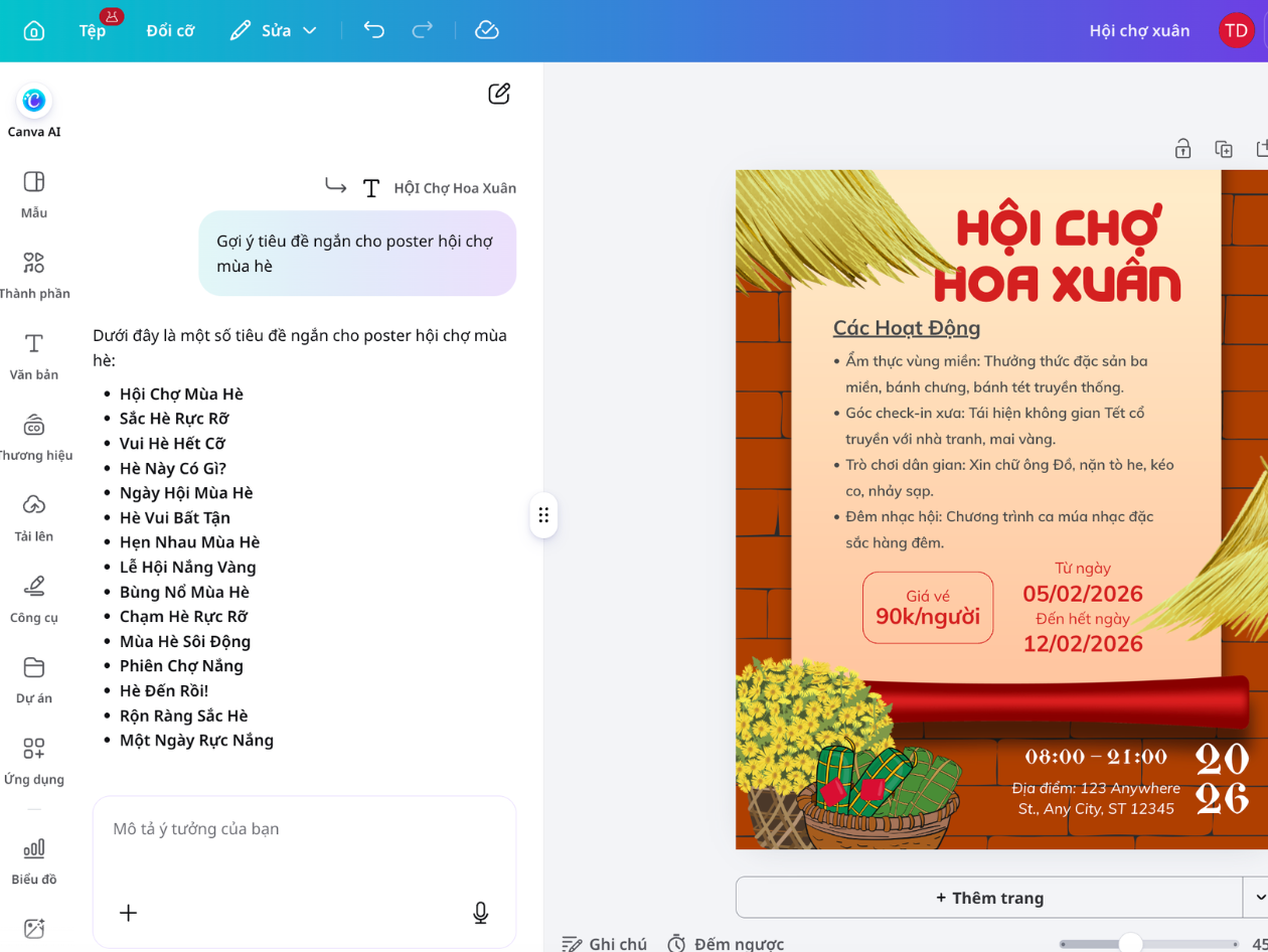 Canva AI tạo gợi ý nội dung để thử với phông chữ đã chọn