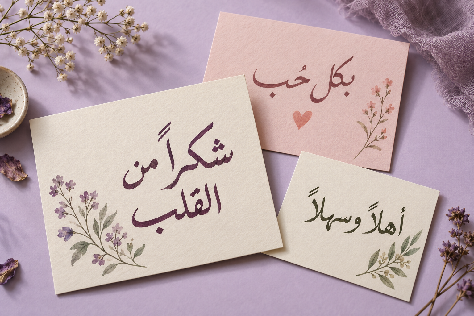 أفكار بطاقات بكتابة عربية يدوية ثلاث بطاقات بعبارات عربية بخط يدوي: شكراً من القلب، بكل حب، وأهلاً وسهلاً