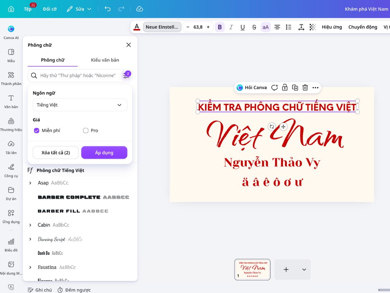Bảng lọc phông chữ Canva với tùy chọn hỗ trợ tiếng Việt