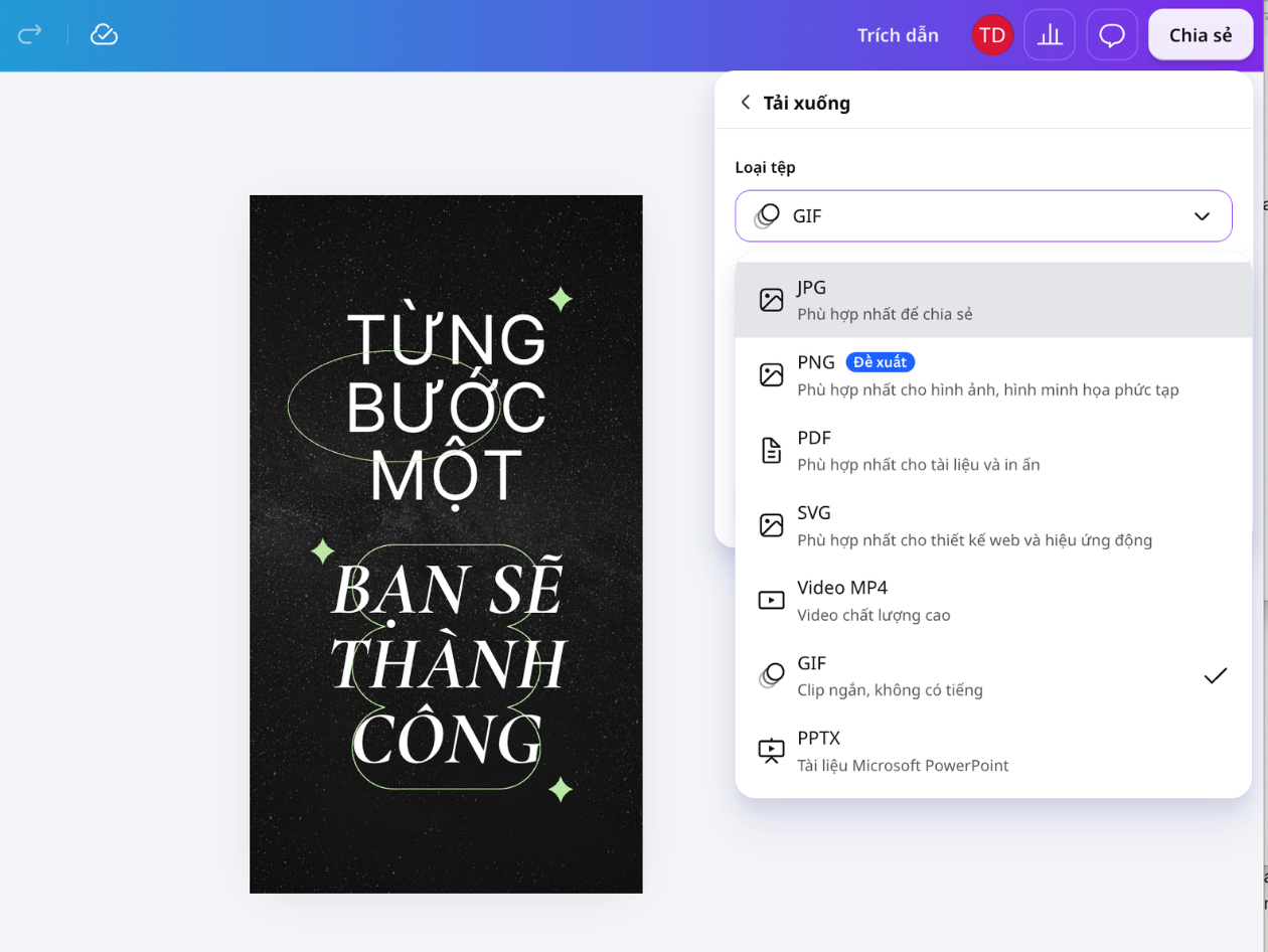 Tùy chọn tải xuống thiết kế lấp lánh ở các định dạng PNG, JPG, MP4 và GIF