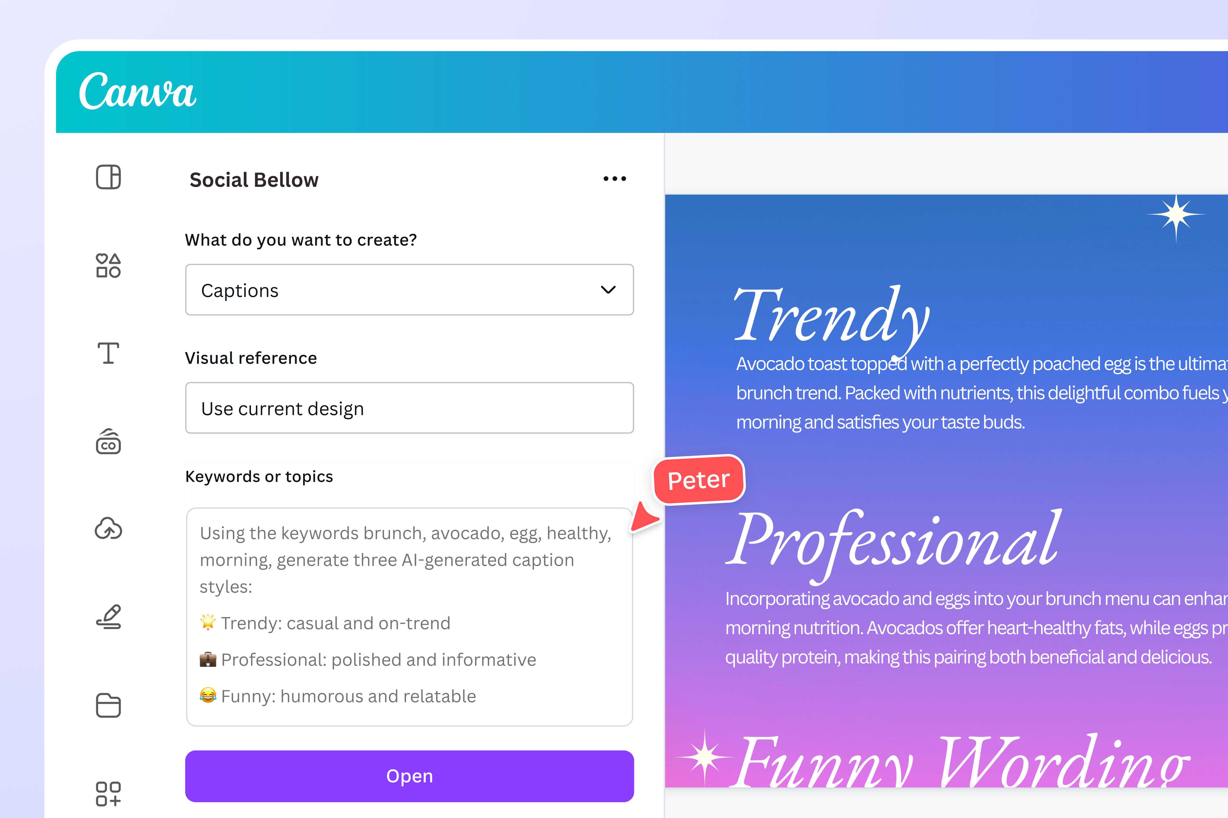 Type the keywords or topics you'd like to generate social media captions for
