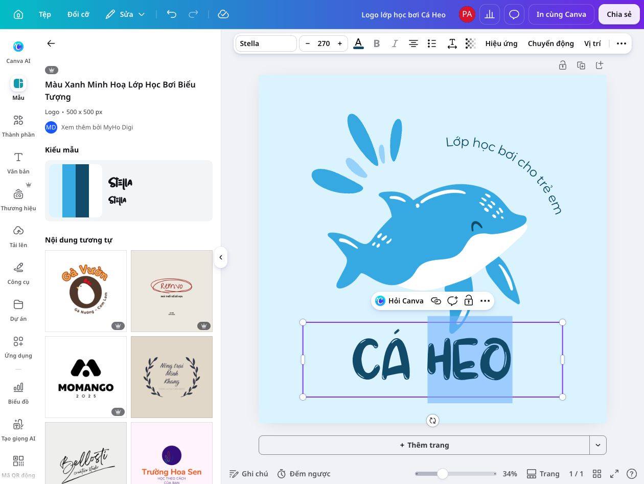 Chỉnh sửa logo lớp học bơi với hình cá heo và tên thương hiệu trong Canva.