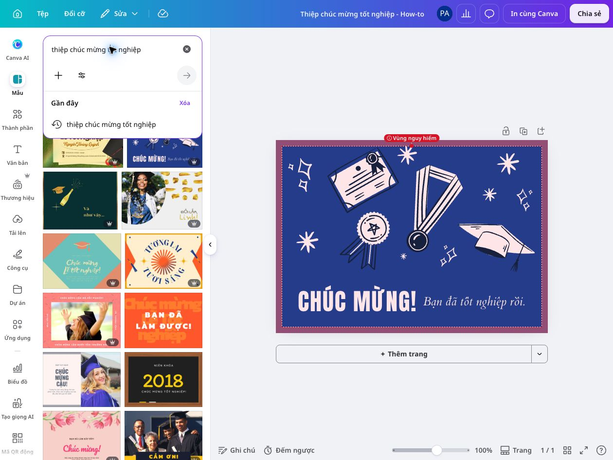 Thiết kế Thiệp chúc mừng Chọn mẫu thiệp chúc mừng tốt nghiệp có hình bằng tốt nghiệp và mũ cử nhân trong Canva.