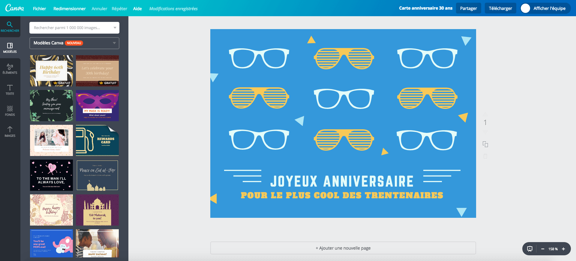 Carte d’anniversaire des 30 ans en cours de création sur Canva