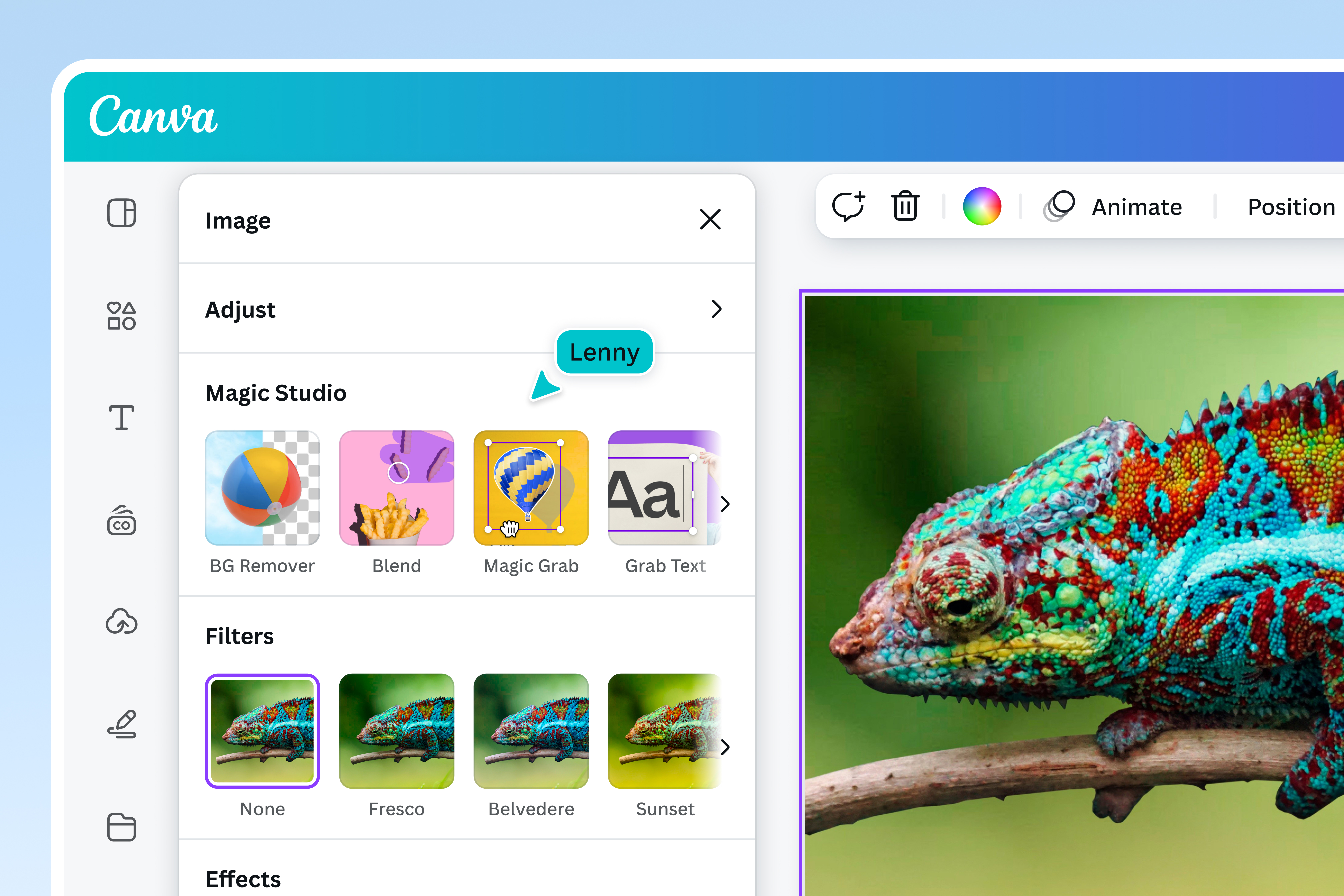 Anteprima filtri dell'editor Canva