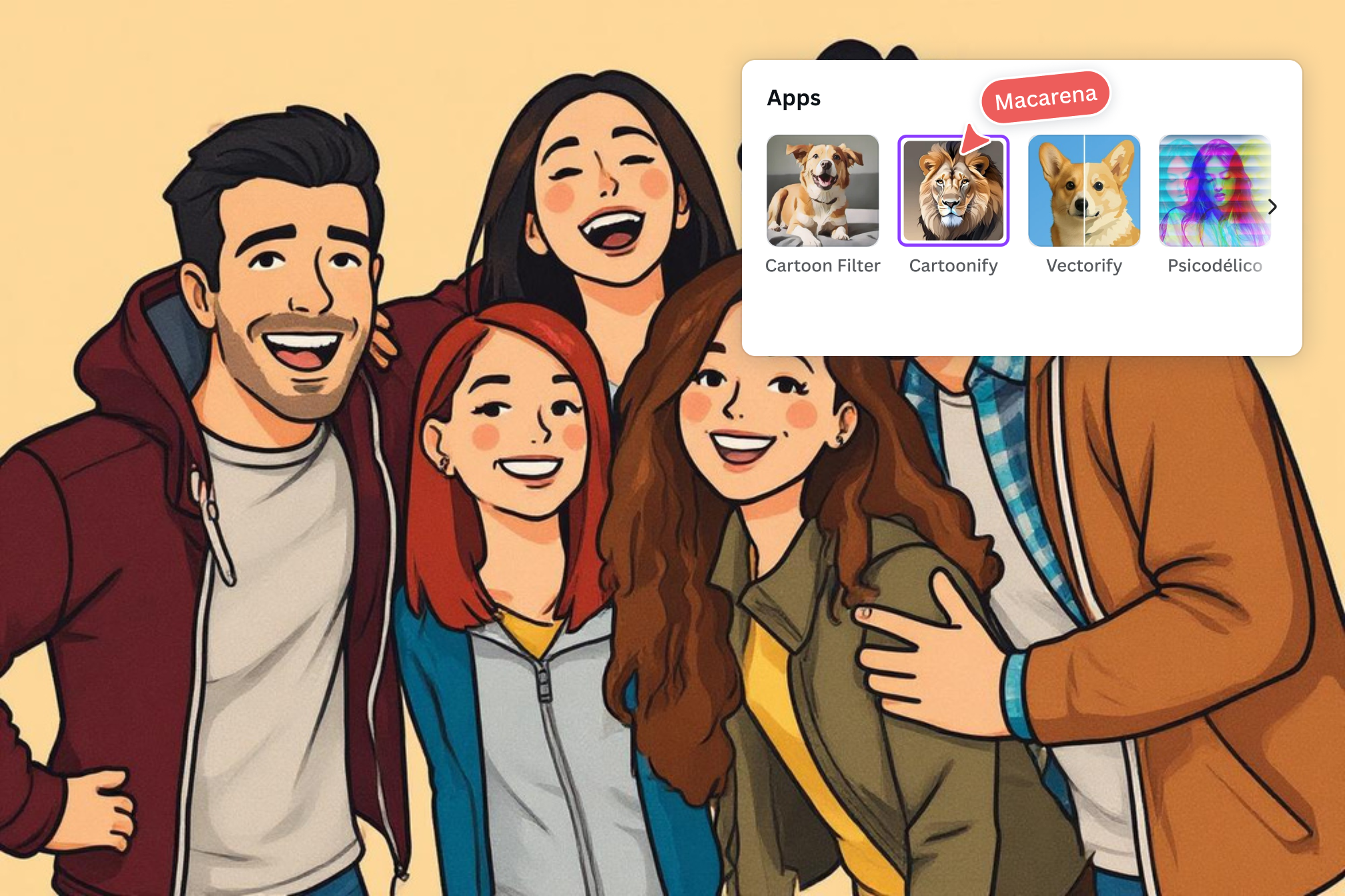 Agregar texto y efectos a fotos convertidas en caricaturas.