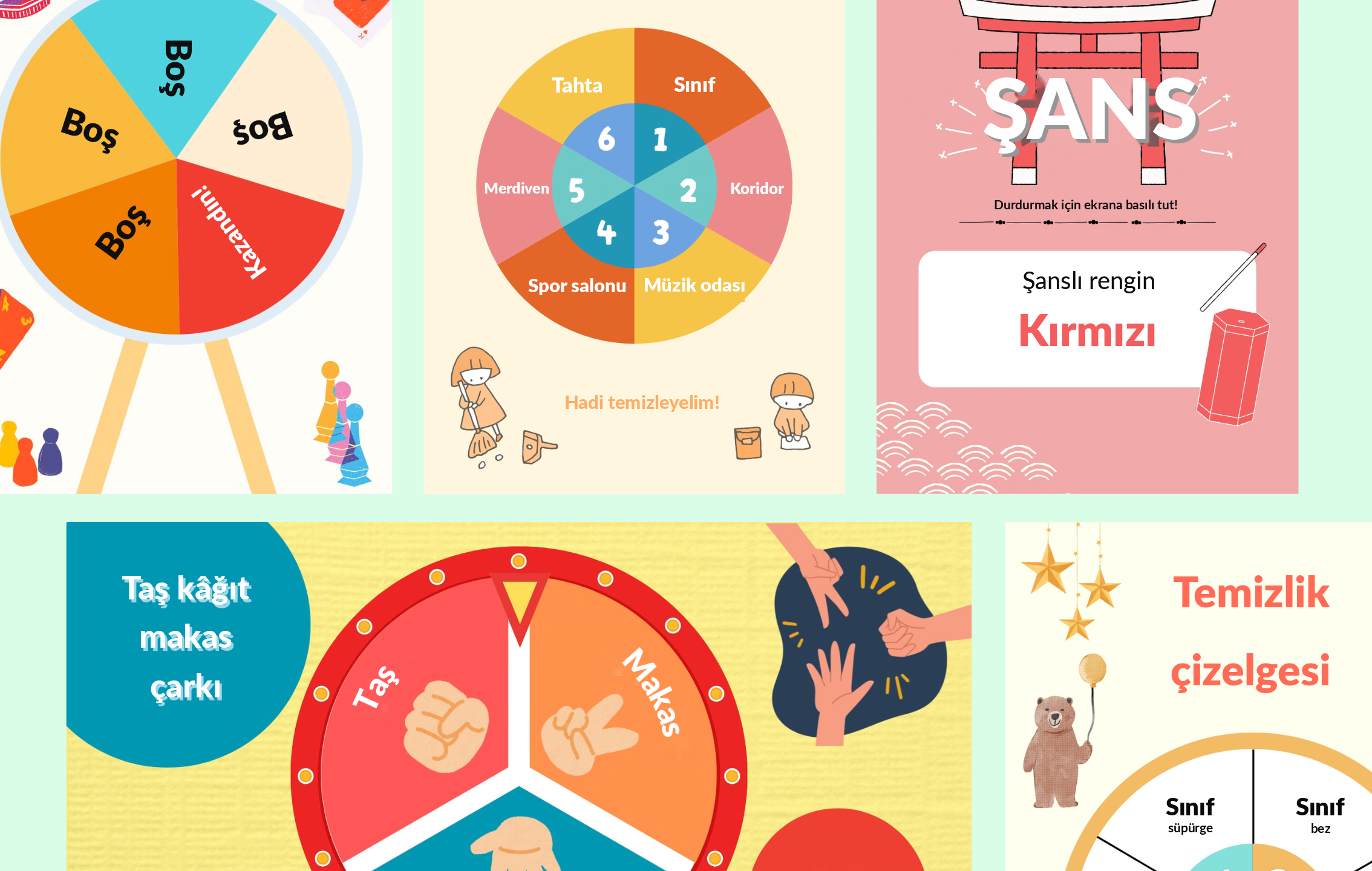Farklı çark çevirme oyunu tasarımlarından oluşan şablon kolajı - Canva