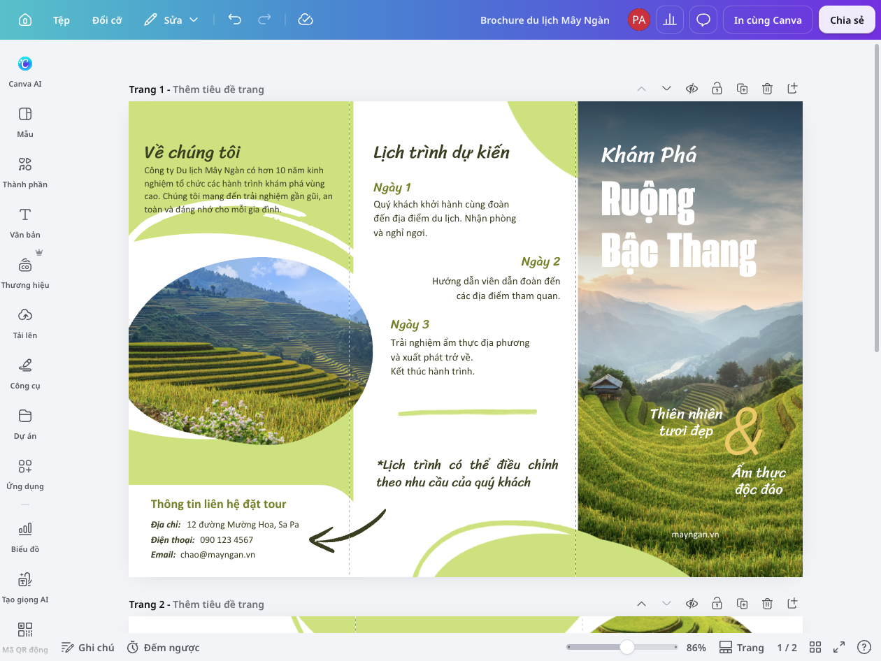 Brochure tiếng Việt hoàn chỉnh hiển thị trong Canva Editor với ba mặt gấp, thanh công cụ chỉnh sửa và bảng trang