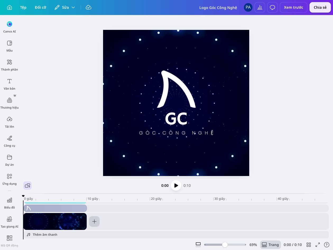 Create YouTube Logos Lead Logo kênh YouTube Góc Công Nghệ với chữ GC trên nền đêm sao trong Canva.