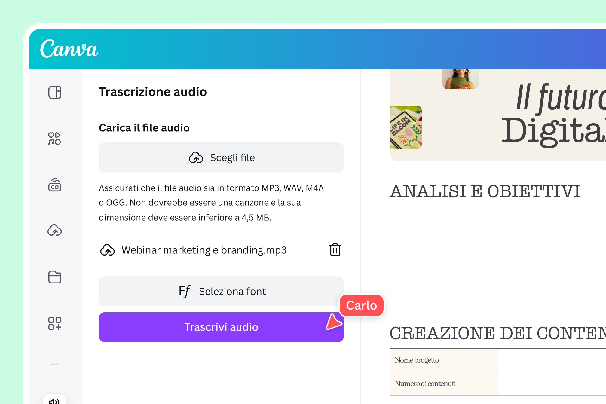 Trascrittore audio su Canva: convertire video in testo Anteprima app per sbobinare audio 210