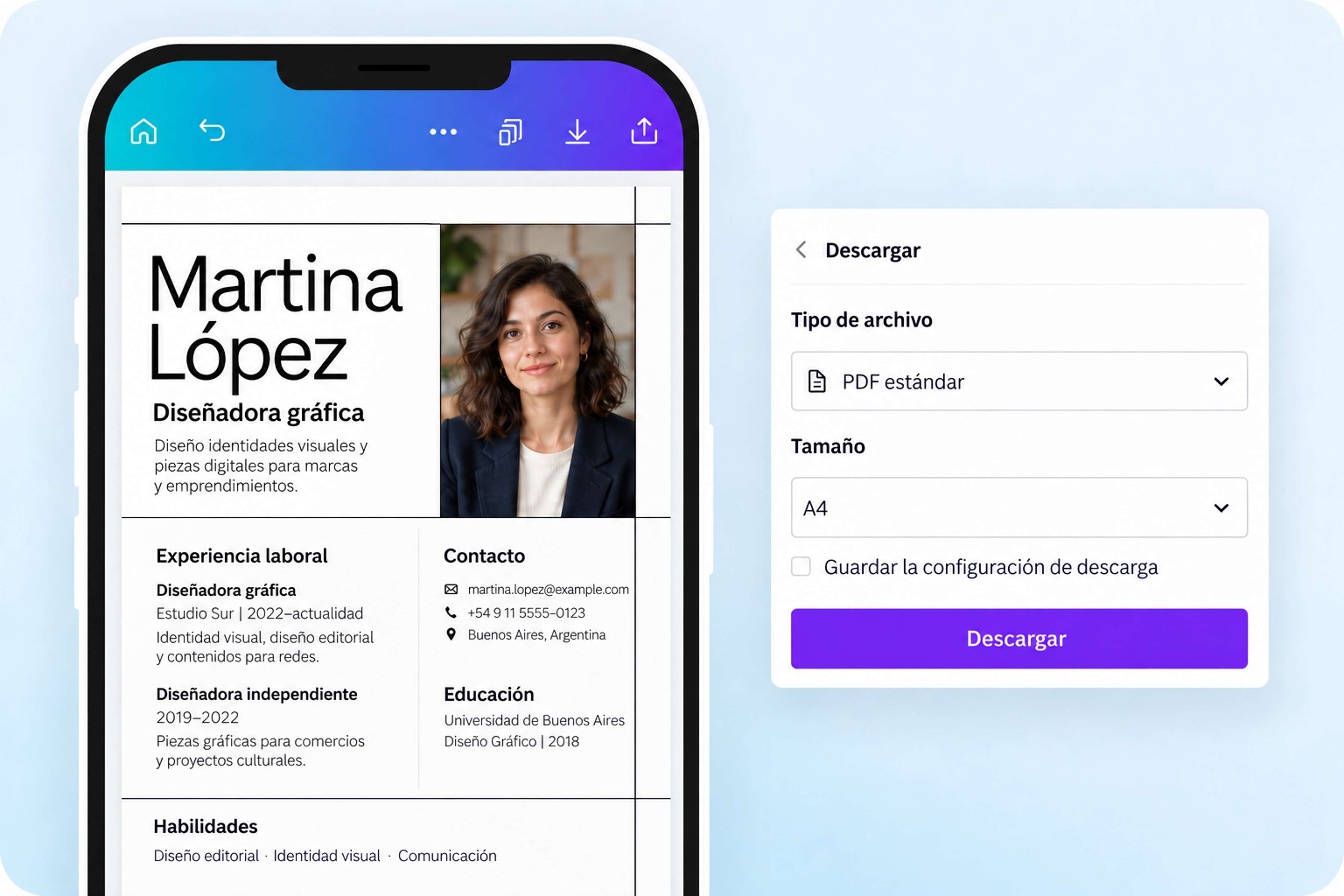 Currículum Vitae de una diseñadora gráfica convertido de Word a PDF en Canva.