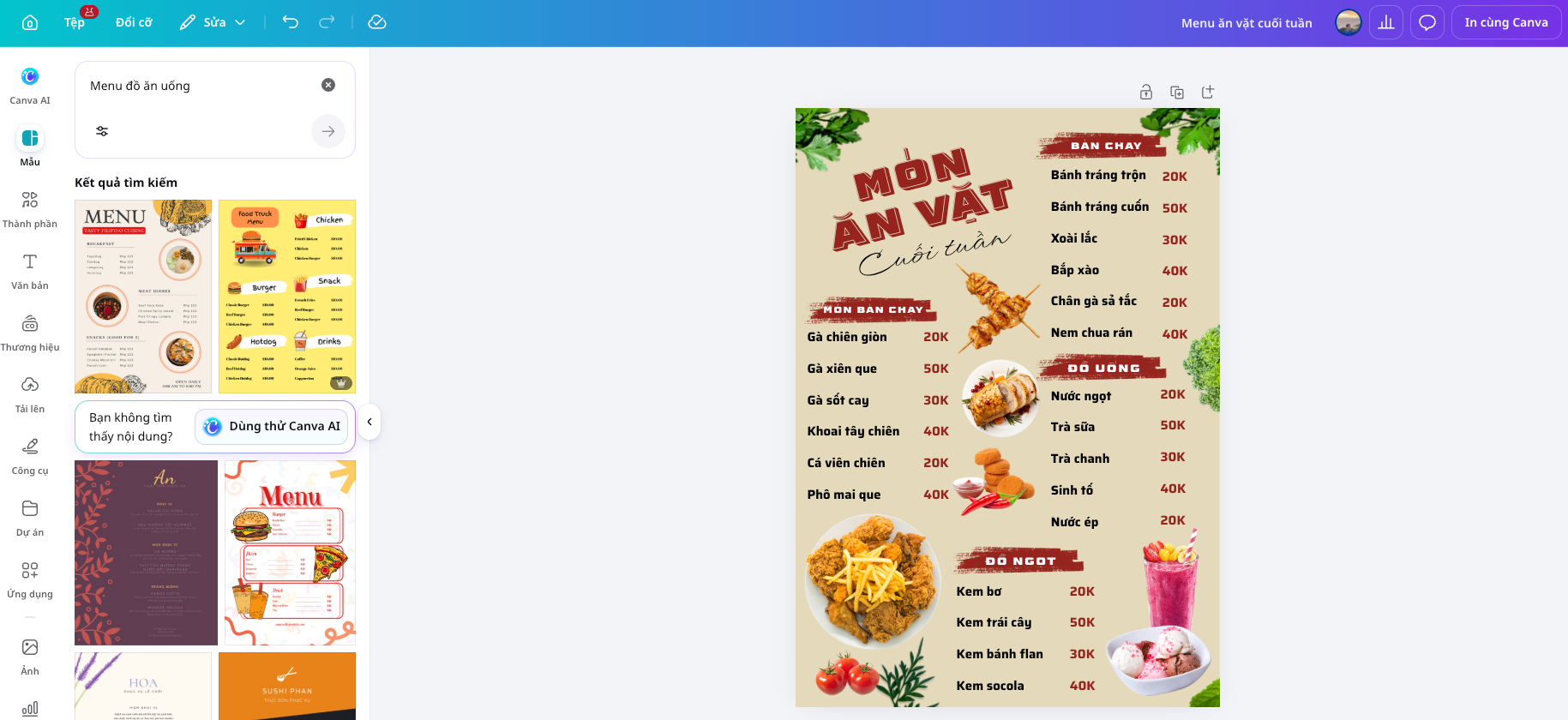 thiết kế menu quán ăn vặt Menu quán ăn vặt với danh sách món, hình ảnh và giá bán trong Canva.
