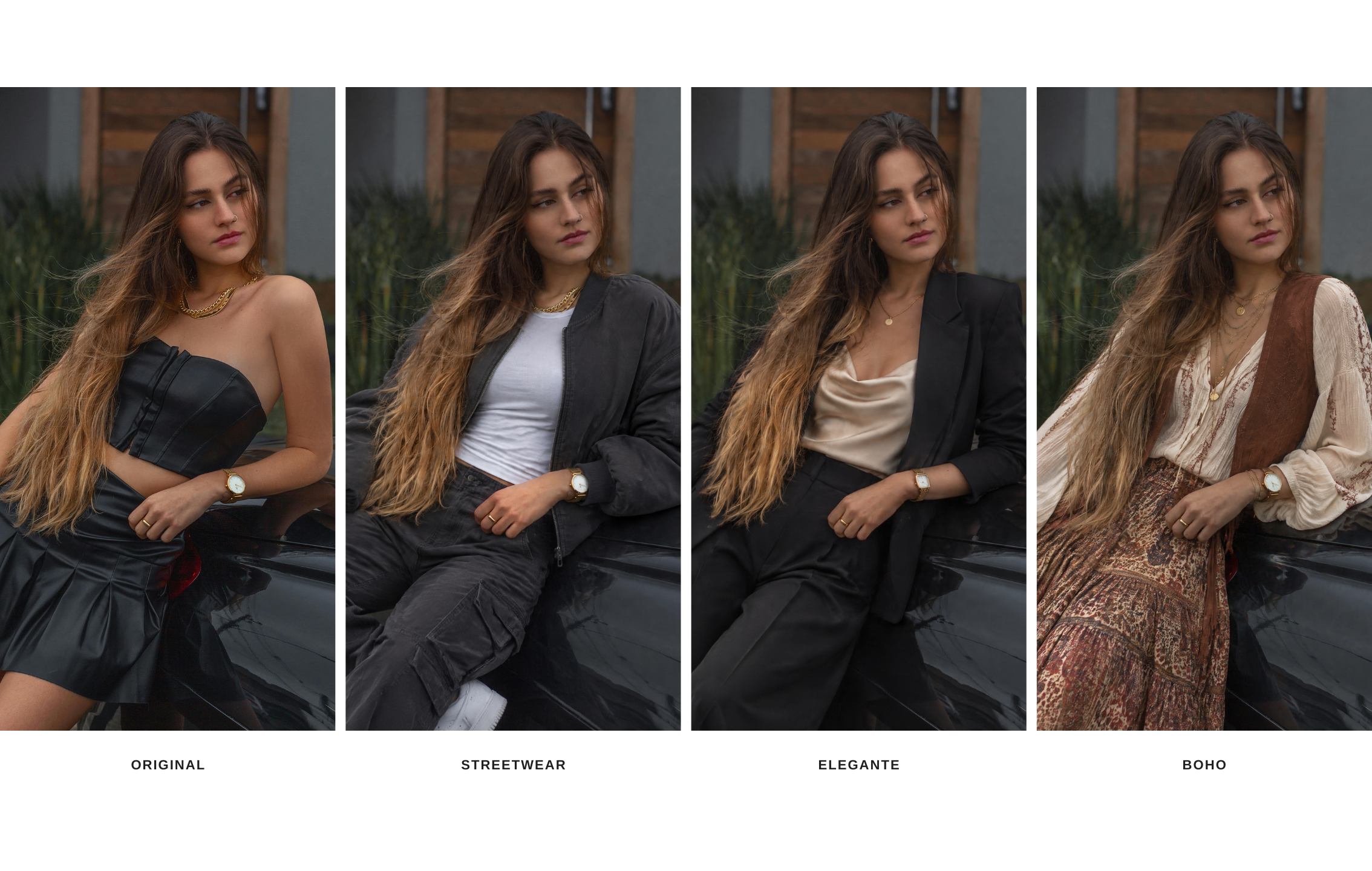 Collage moda con varianti di outfit generate con l'AI per un profilo di vendita abbigliamento