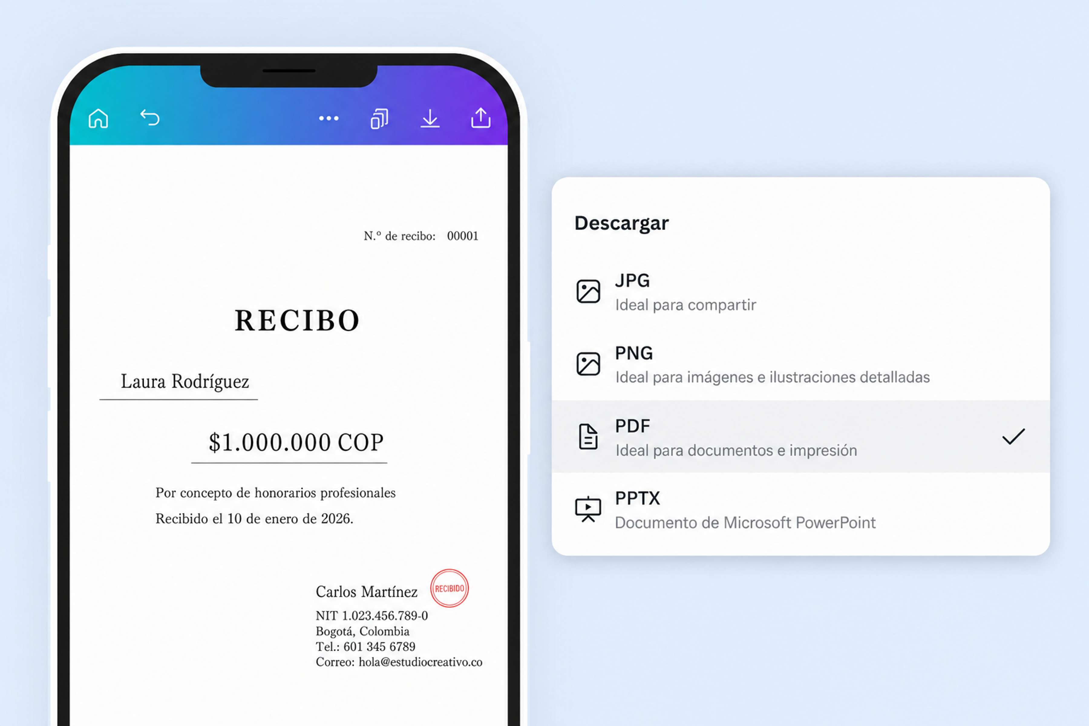 Ejemplo de recibo de pago siendo editado desde el celular
