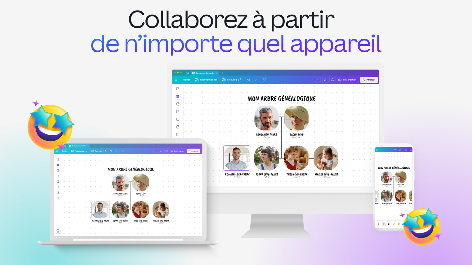 Modèle d'arbre généalogique de famille ouvert sur tablette et smartphone dans Canva Modèle d'arbre généalogique de famille ouvert sur tablette et smartphone dans Canva