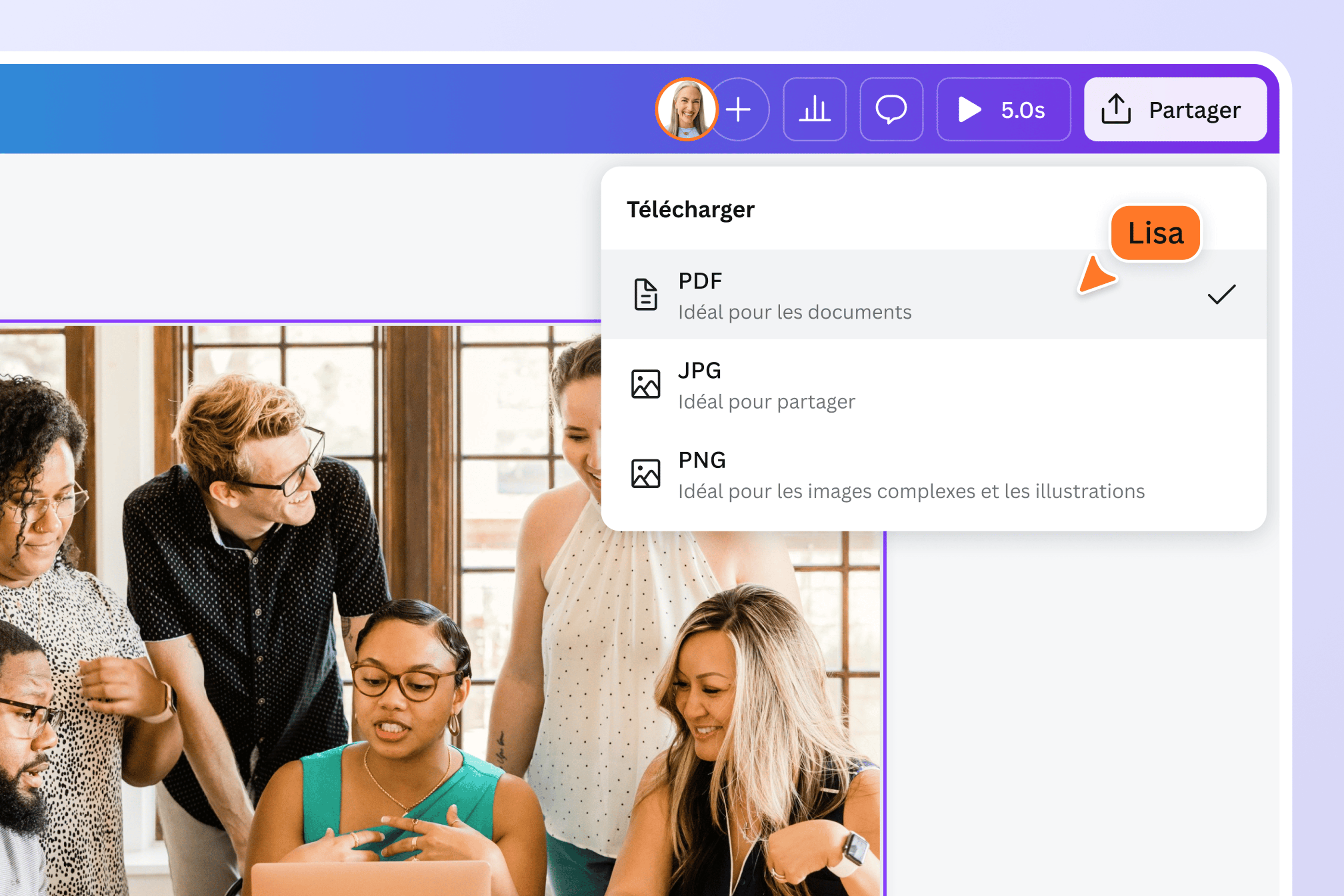Photo de groupe en train d’être convertie de JPG en PDF sur Canva