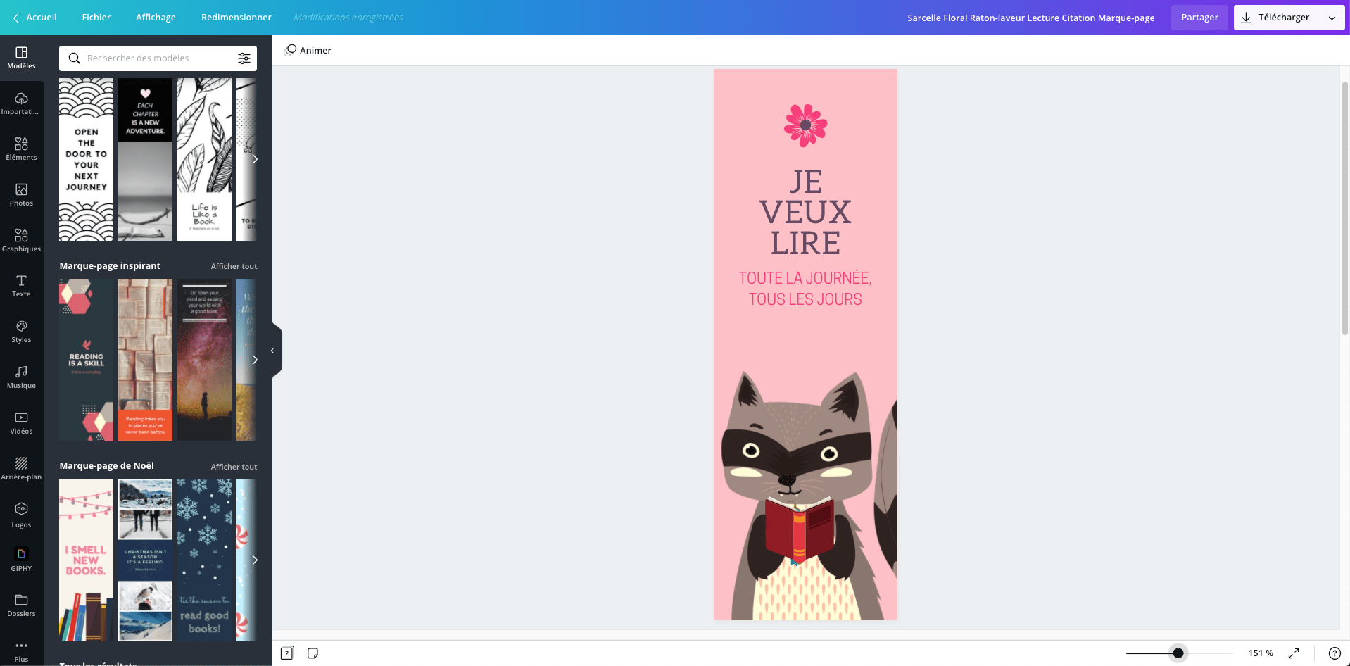 Design de marque-page personnalisé à imprimer avec raton laveur ouvert dans Canva avec une sélection de modèles de marque-page dans la barre latérale